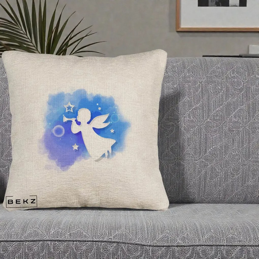Perna Decorativa Inger cu Trompeta Albastru, 40x40 cm, Bej Canapea, Husa Detasabila, Perna Inclusa, BEKZ®