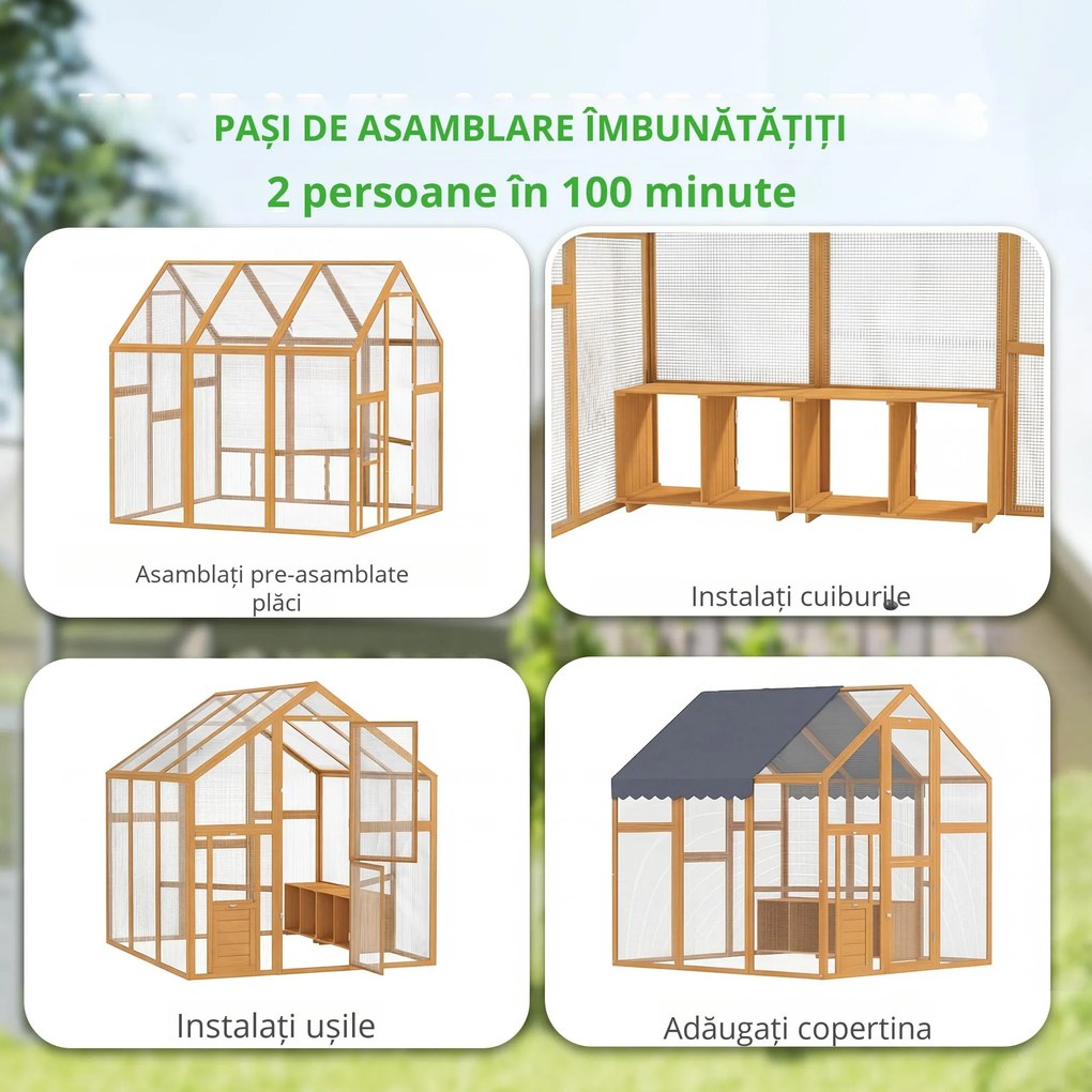 PawHut Coteț pentru găini 3,07 m² tarc exterior din lemn cu husă impermeabilă, încuietoare de siguranță, pentru 6-8 găini 1,7 x 1,8 x 1,8 m | Aosom Romania