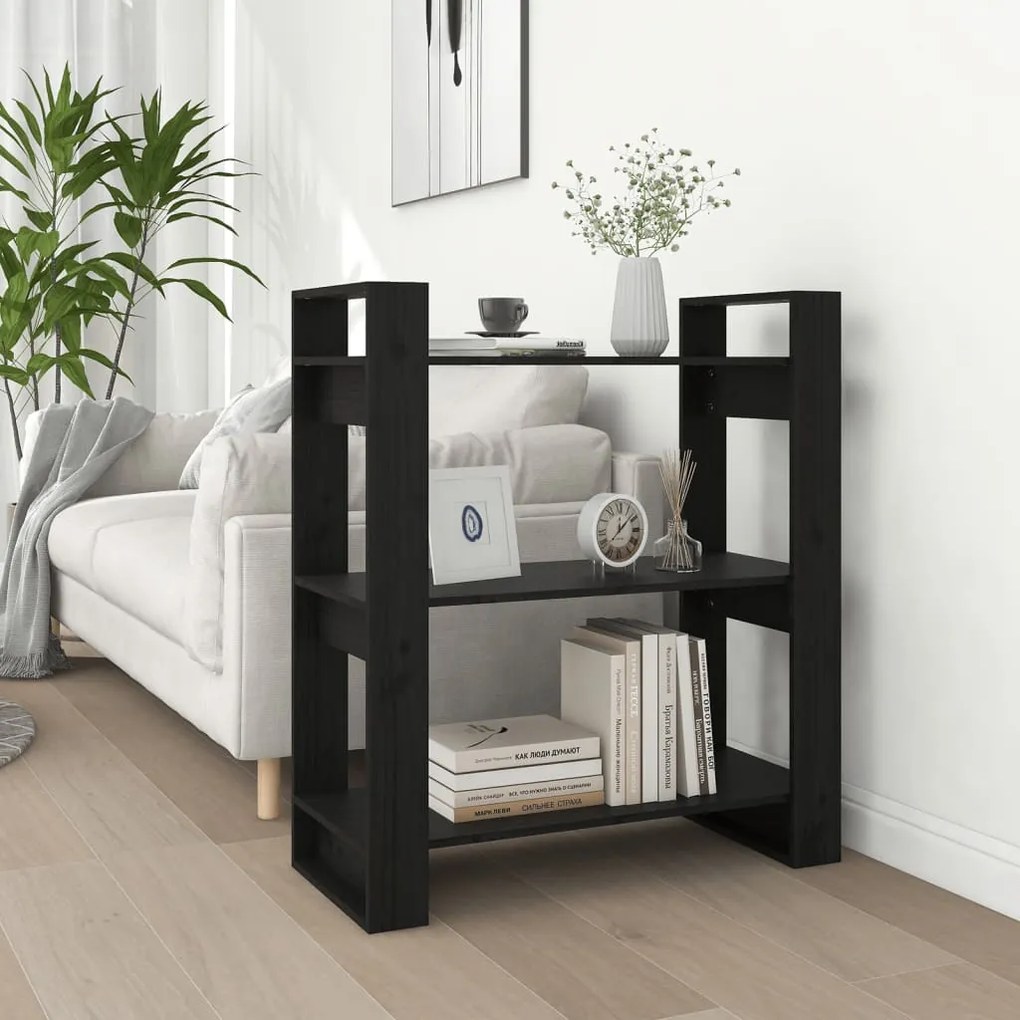 Bibliotecă/separator cameră, negru, 80x35x91 cm, lemn masiv pin