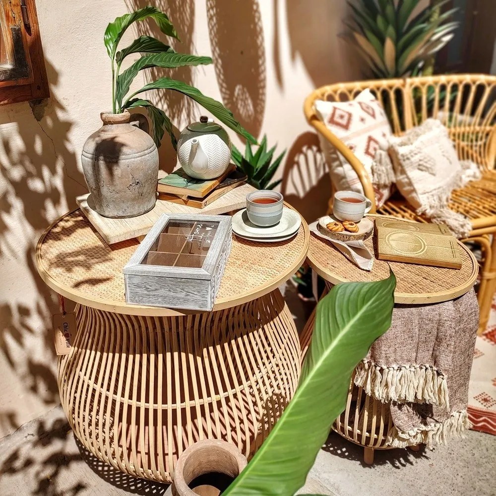 Bancheta Boho din ratan natur 105x63x80 cm