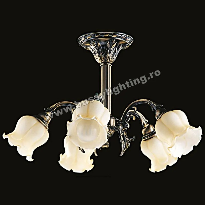 Lustra Bella cu 5 Brate, Desing Clasic, Finisaj Bronz Antic, Abajur Crem - Bussy Lighting 3026-52-45A