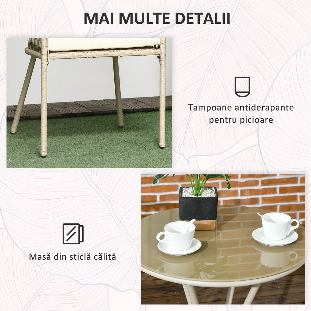 Outsunny Set Mobilier de Grădină din Ratan PE, Set Bistro 3 Piese cu Masă de Sticlă și Perne Moi, Mobilier de Conversație | Aosom Romania