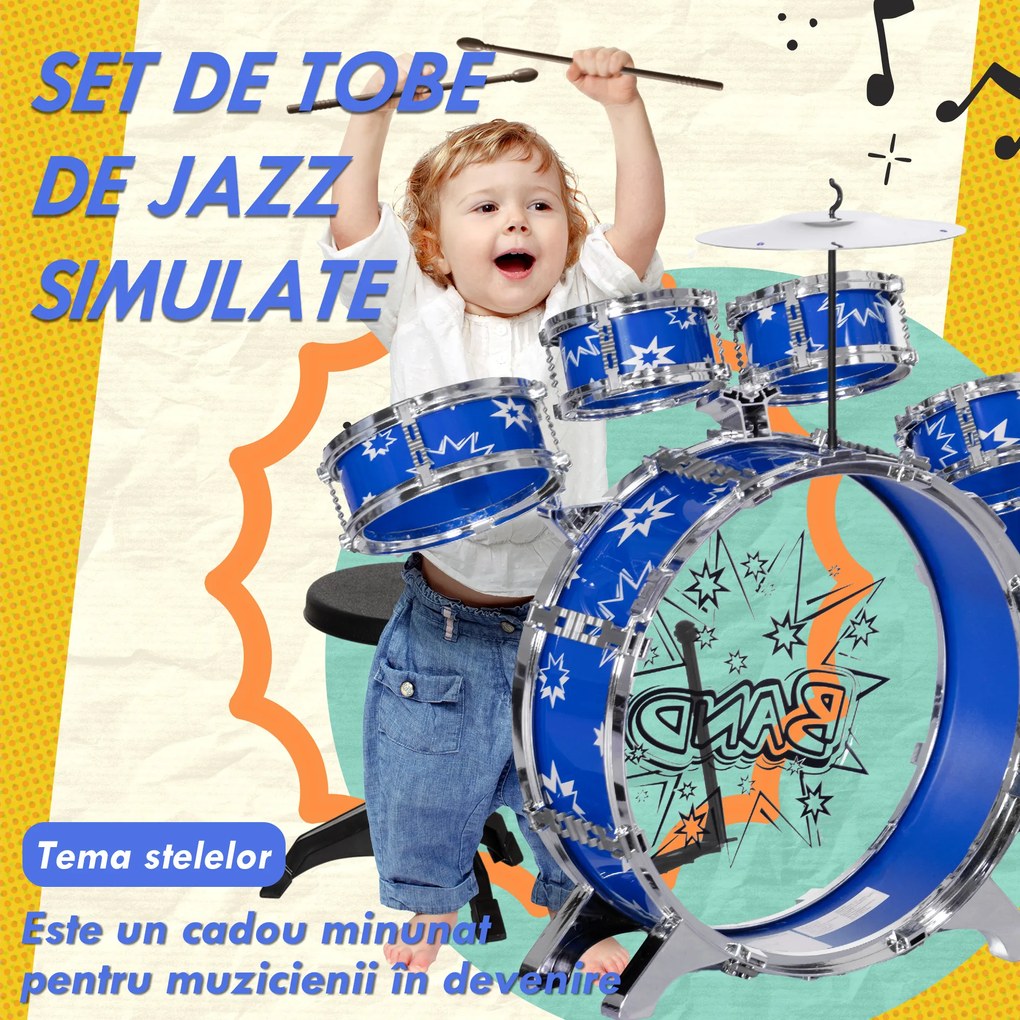 AIYAPLAY Set de Tobe cu Pedală, Tobe Medii și Mici, Ciocan și Scaun pentru Copii de 3-6 Ani, 65x22x57 cm, Albastru | Aosom Romania