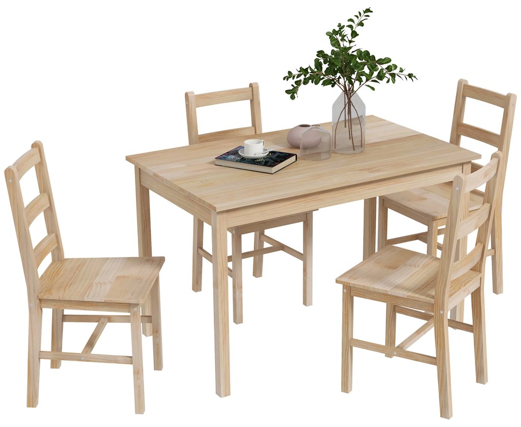 HOMCOM Set de masă 5 piese, masă cu scaune, lemn masiv, 118 cm x 73 cm x 75 cm, natur | Aosom Romania