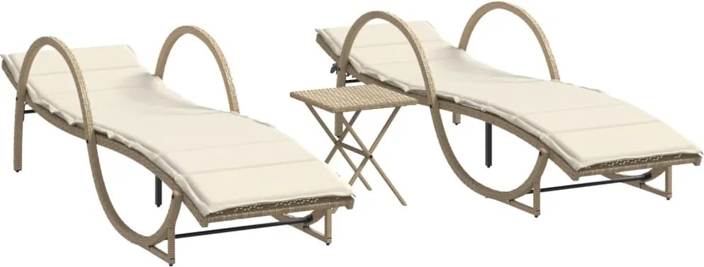 vidaXL Șezlonguri de plajă cu masă, 2 buc., bej, poliratan