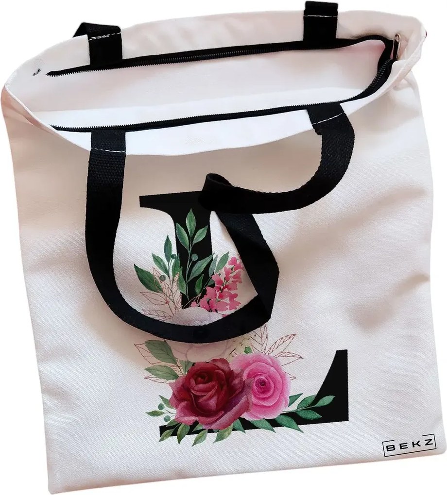 Sacosa de Panza pentru Cumparaturi, Geanta Tote, Cu litera L si Trandafiri, Cu fermoar, 38x34.5 cm, Alba, BEKZ®