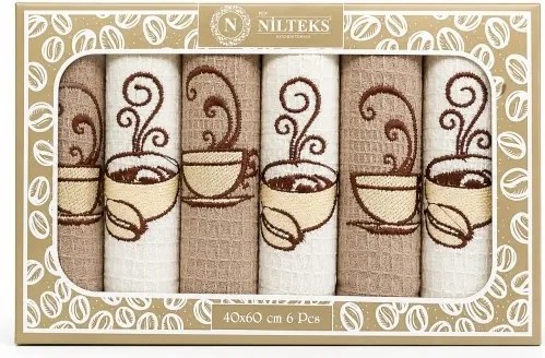 Set 6 prosoape bucatarie din bumbac, 40x60 cm, model Cafea