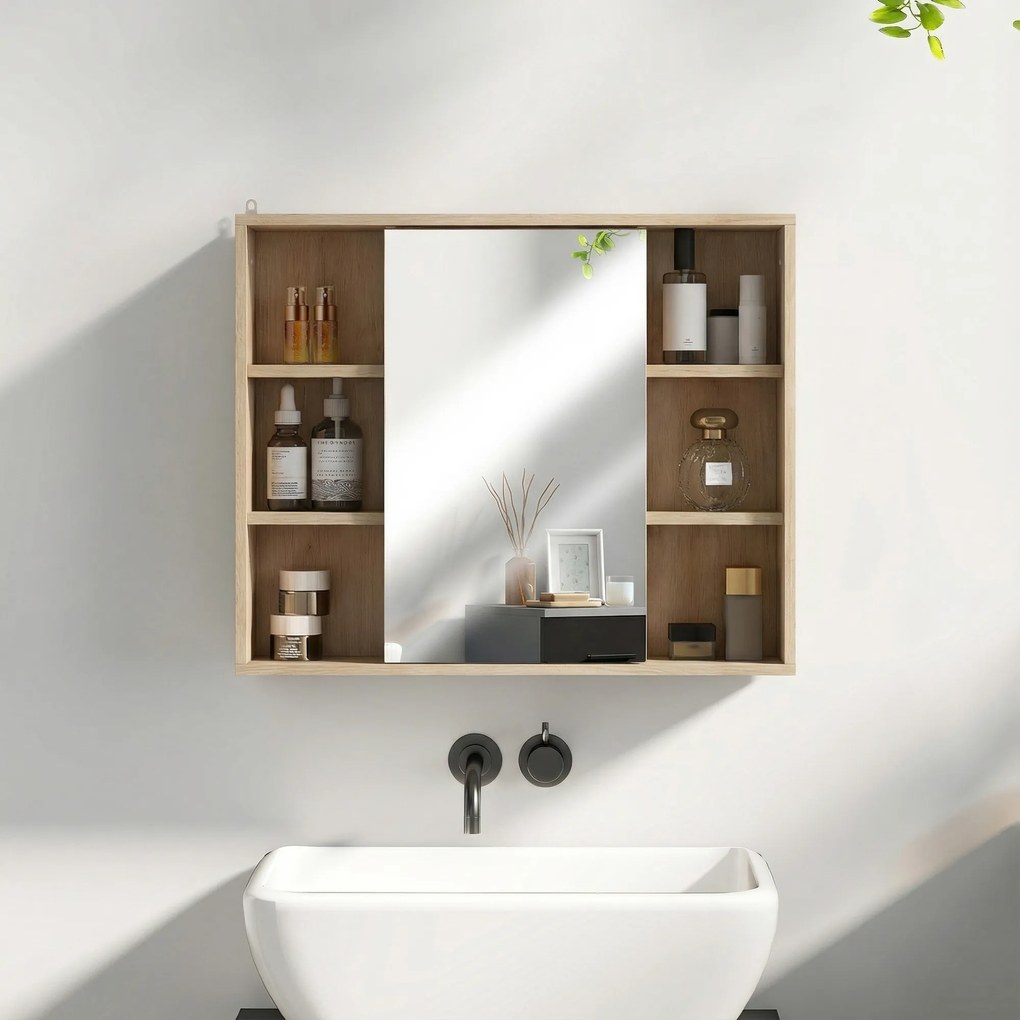HOMCOM Mobilier de baie cu oglindă, dulap cu ușă și 6 compartimente deschise, 60 x 14,5 x 49,4 cm, lemn natural | Aosom Romania