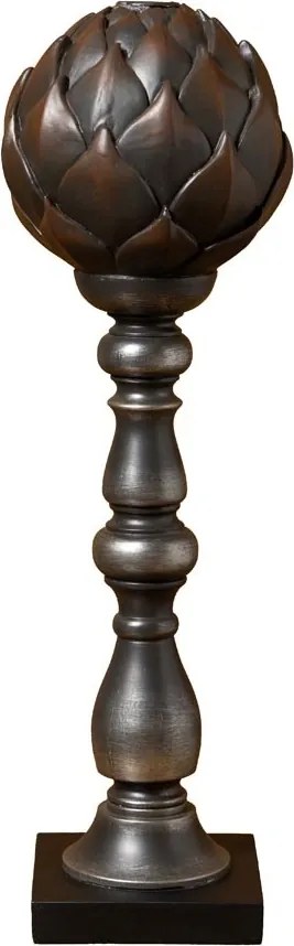 Sfeșnic din rășină cu glob decorativ în formă de anghinare sculptată, auriu-argintiu, finisaj patinat negru, 42,5×13 cm, „Artichoke"