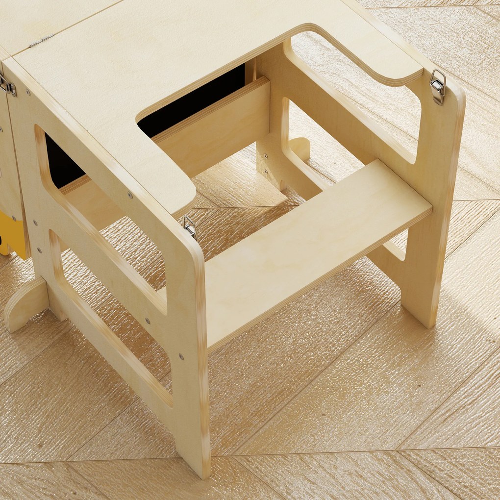 Turn Montessori AIYAPLAY pentru Copii 2-5 Ani cu Tablă și Măsuță, Scăunel pentru Copii din Placaj, 57x39x93 cm, Culoare Lemn | Aosom Romania