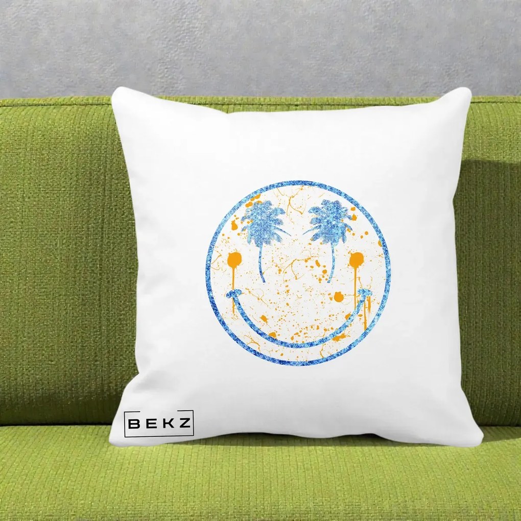 Perna Decorativa Smiley Face Tropical Albastru Glitter si Portocaliu, 40x40 cm, Alba Mata, Husa Detasabila, Perna Inclusa, BEKZ®
