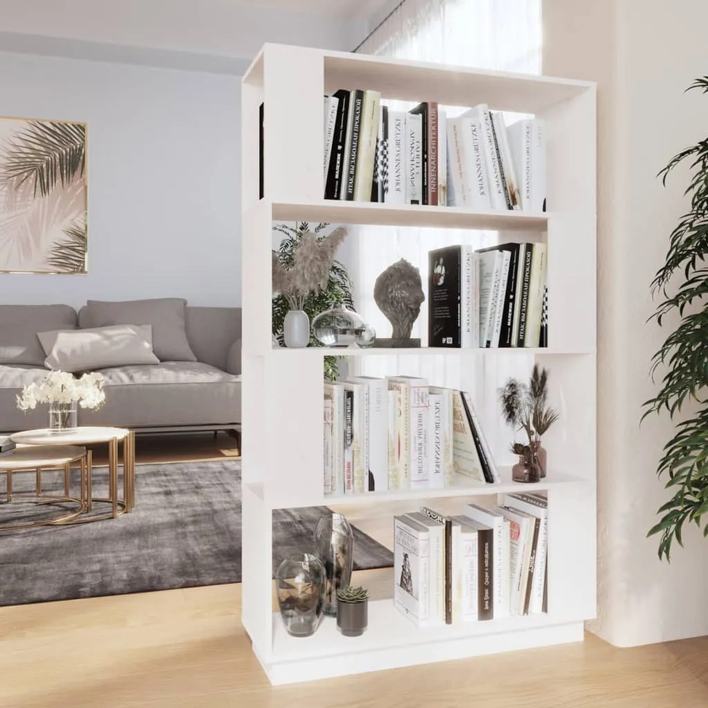 814060 vidaXL Bibliotecă/Separator cameră, alb, 80x25x132 cm lemn masiv pin