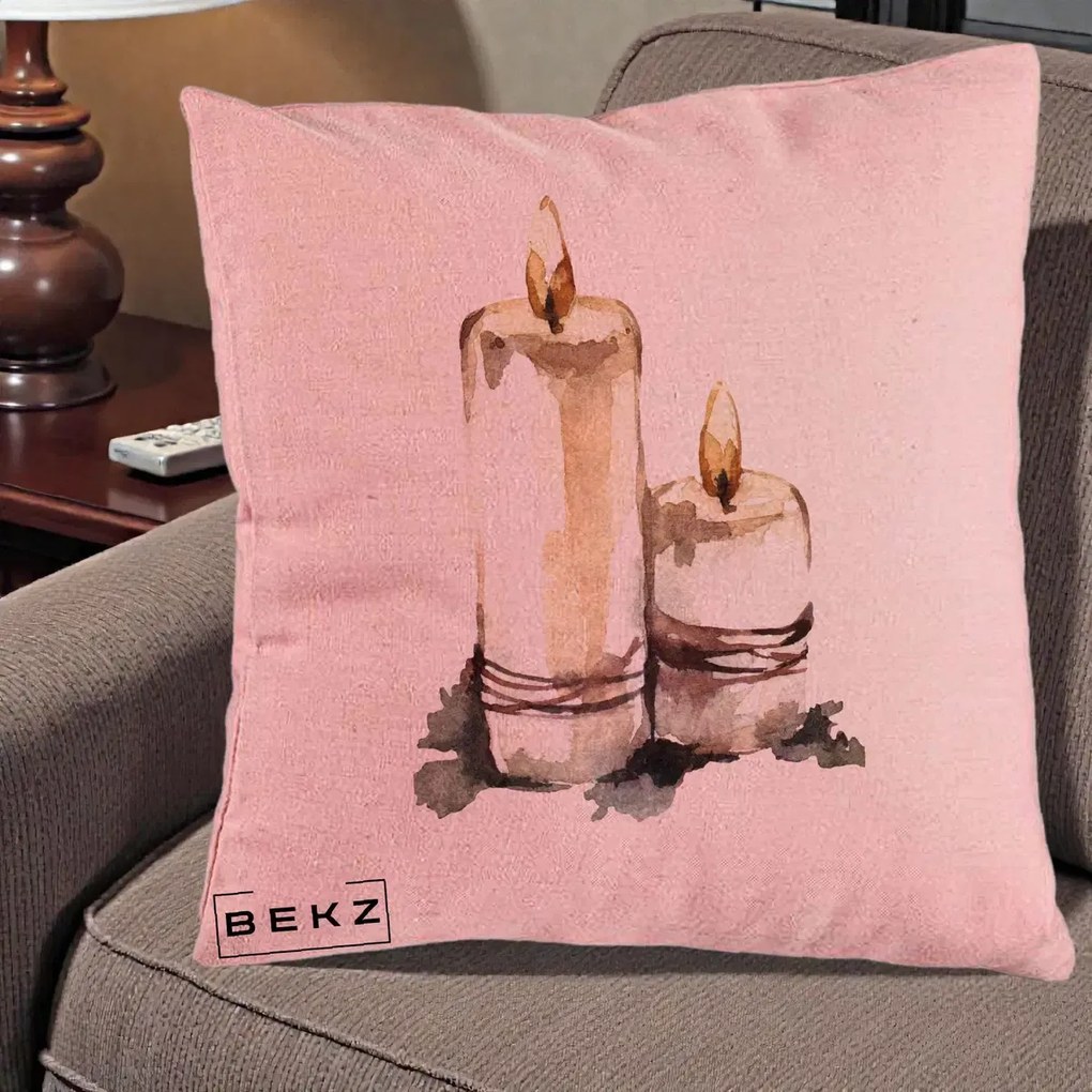 Perna Decorativa Lumanari Acuarela Iarna, 40x40 cm, Roz, Husa Detasabila, Perna Inclusa, BEKZ®