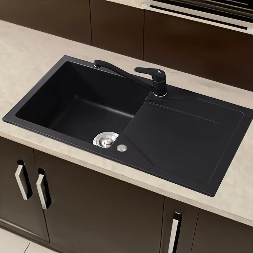 Chiuvetă Gori pătrată cu o singură lavoar și scurgător din granit, neagră