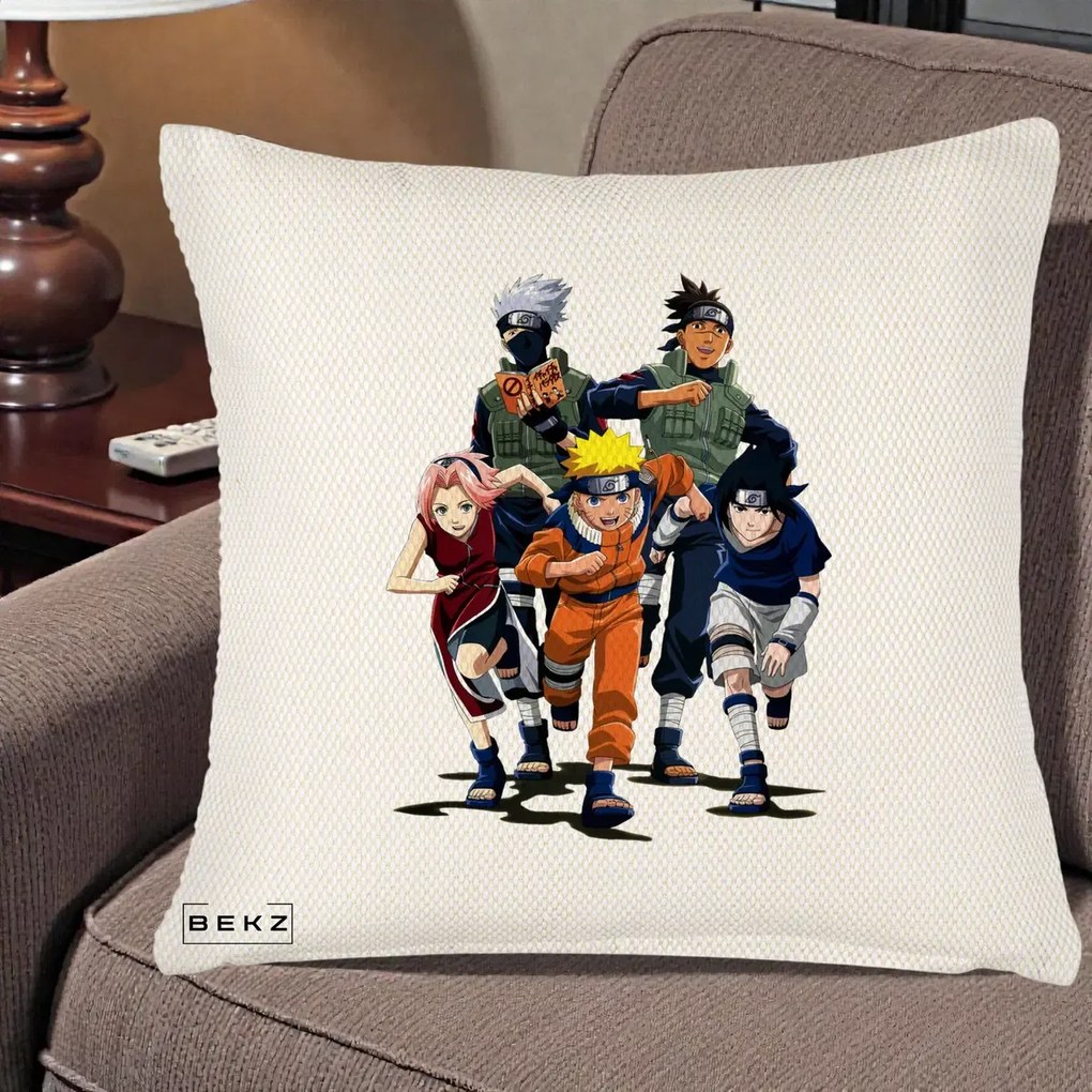 Perna Personalizata Naruto Echipa 7 Kakashi Sensei, 40x40 cm, Crem Reliefat, Husa Detasabila, Perna Inclusa, BEKZ®
