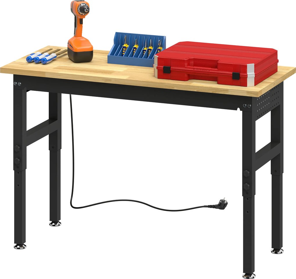 HOMCOM Masă de Lucru Reglabilă 122 cm, Blat Robust din Lemn de Cauciuc, 2 Prize AC și 2 Porturi USB, Panou Perforat, Capacitate 900 kg, pentru Garaj, Atelier și Casă | Aosom Romania