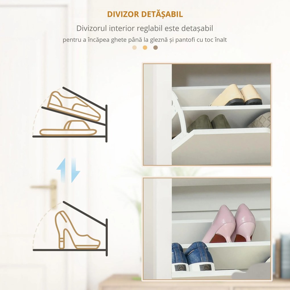 HOMCOM Dulap Hol, Capacitate 12 Perechi Max, dulap pantofi cu 2 Rafturi Reglabile și Detașabile, 72x26x80 cm, Alb | Aosom Romania