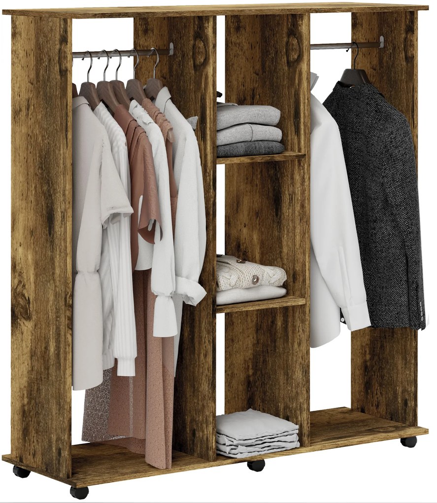 HOMCOM Dulap cu bară de umeraș mobilier de depozitare mobil 6 roți 120 x 40 x 128 cm din lemn maro | Aosom Romania