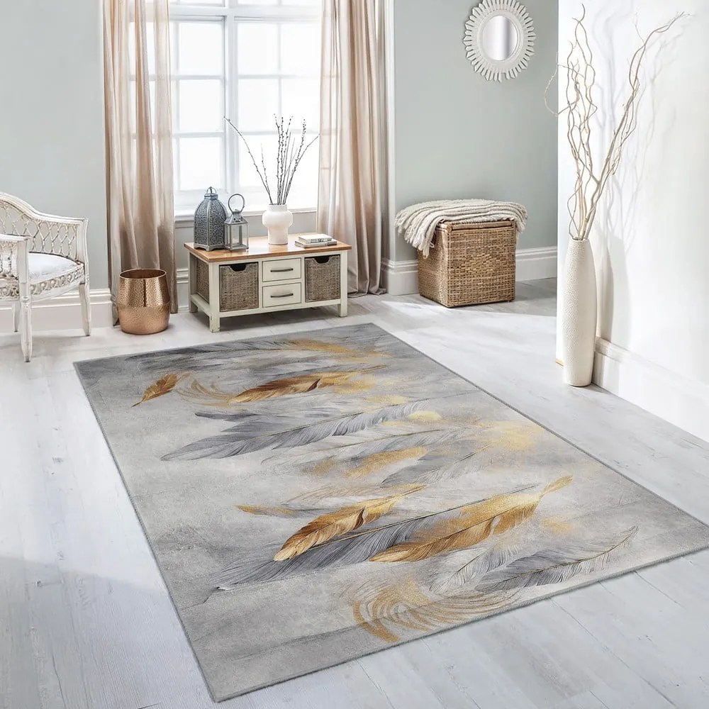 Covor gri/auriu lavabil 80x150 cm Golden Feathers – Mila Home