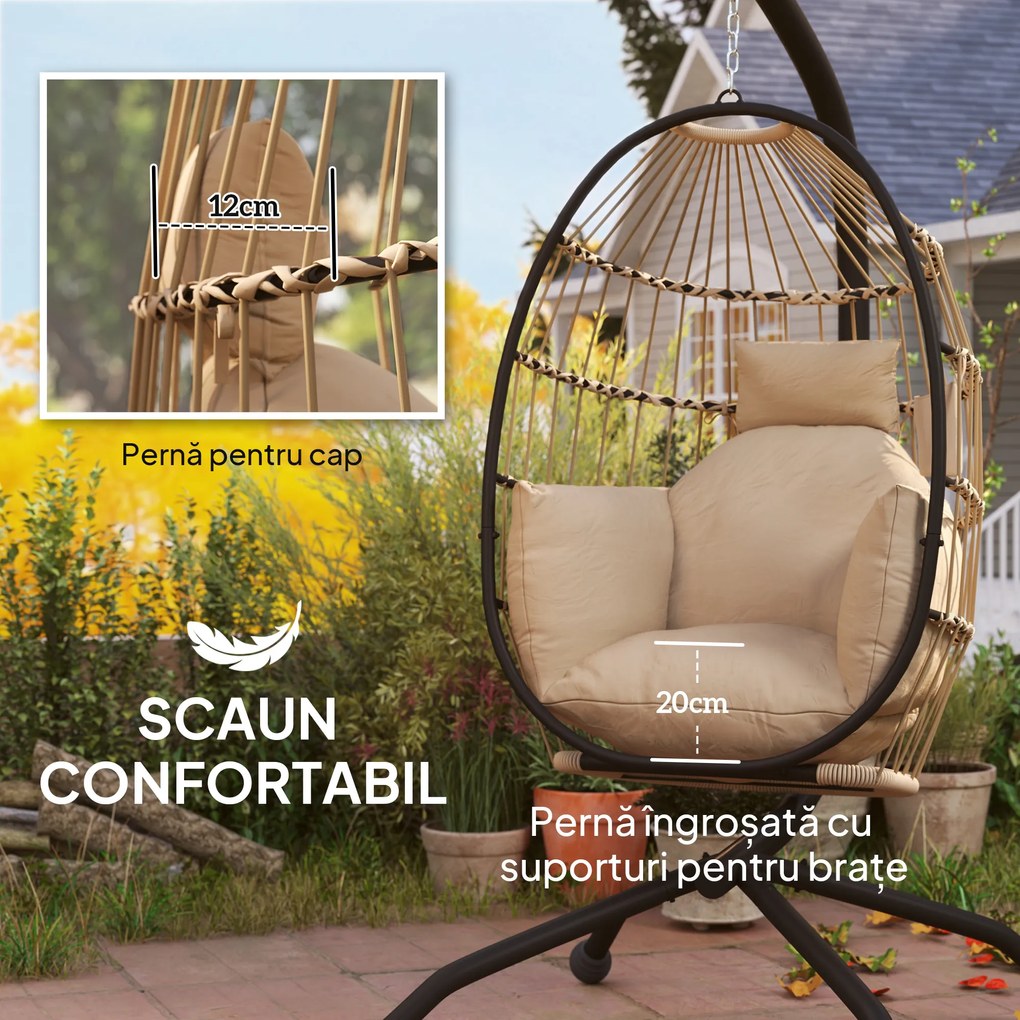 Outsunny Fotoliu Suspendat Tip Ou cu Lanț Reglabil, 2 Perne Detașabile și Suport pentru Pahare, Scaun Balansoar Pliabil pentru Grădină, Bază în X din Oțel, pentru Interior și Exterior, 120x88x192 cm, Bej | Aosom Romania