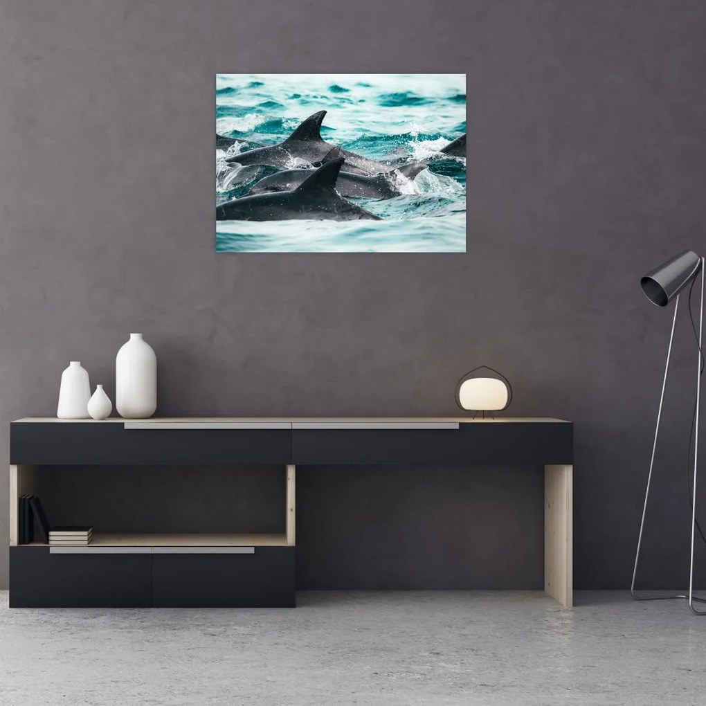Tablou pe sticlă - Delfini în ocean (70x50 cm)