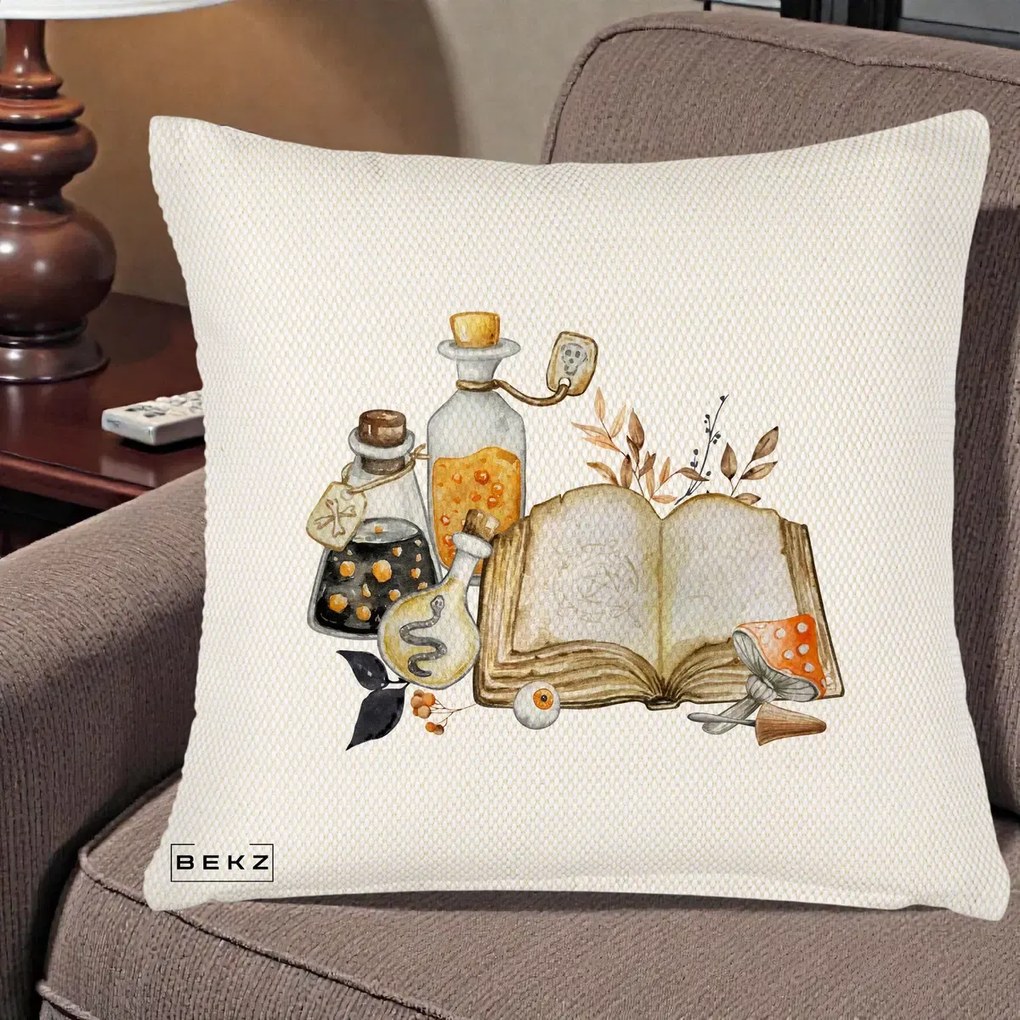 Perna Decorativa Grimoire Vrajitoare si Filtre Magice Halloween, 40x40 cm, Crem Reliefat, Husa Detasabila, Perna Inclusa, BEKZ®