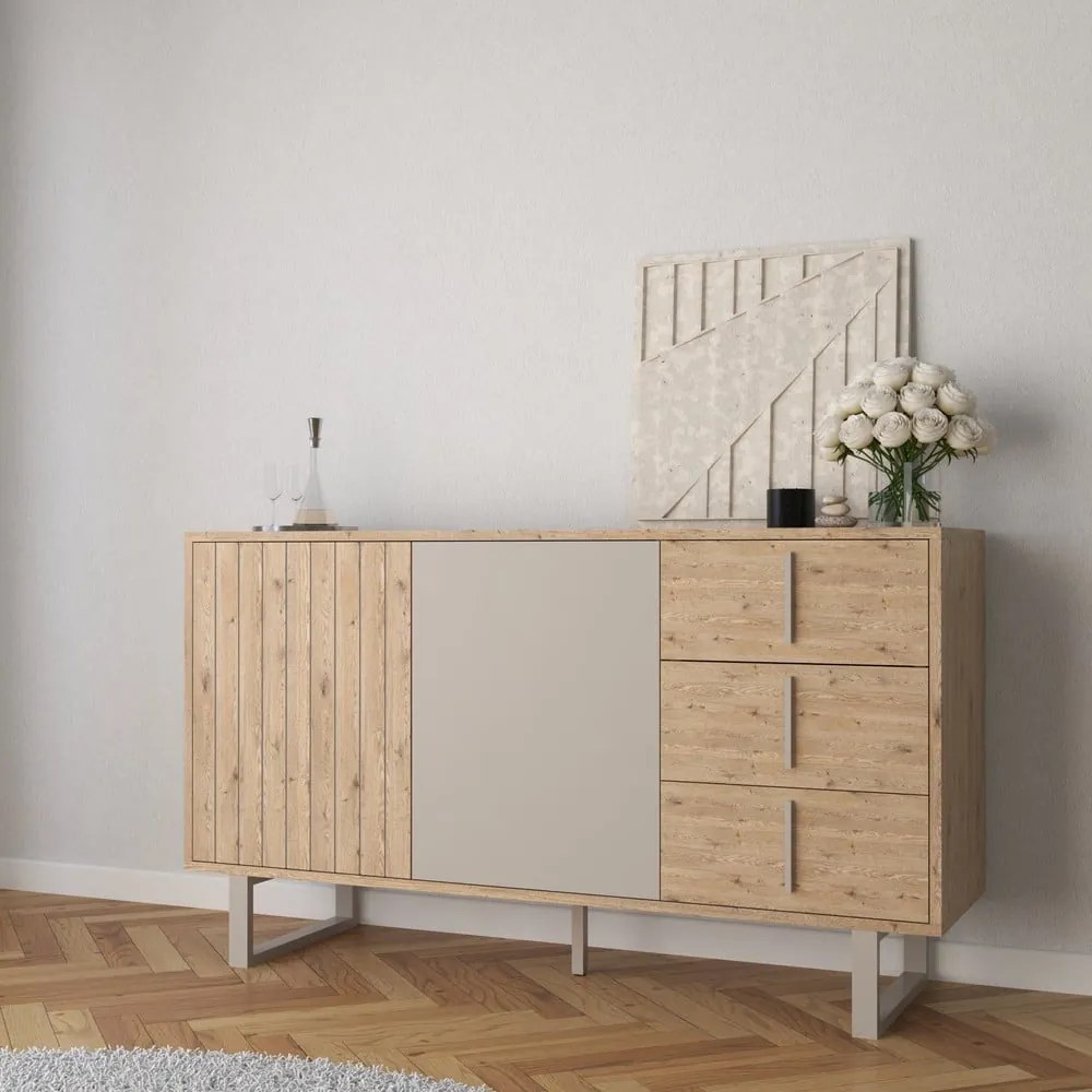 Comodă gri/în culoare naturală joasă cu aspect de lemn de stejar 140x80 cm Millay – Marckeric