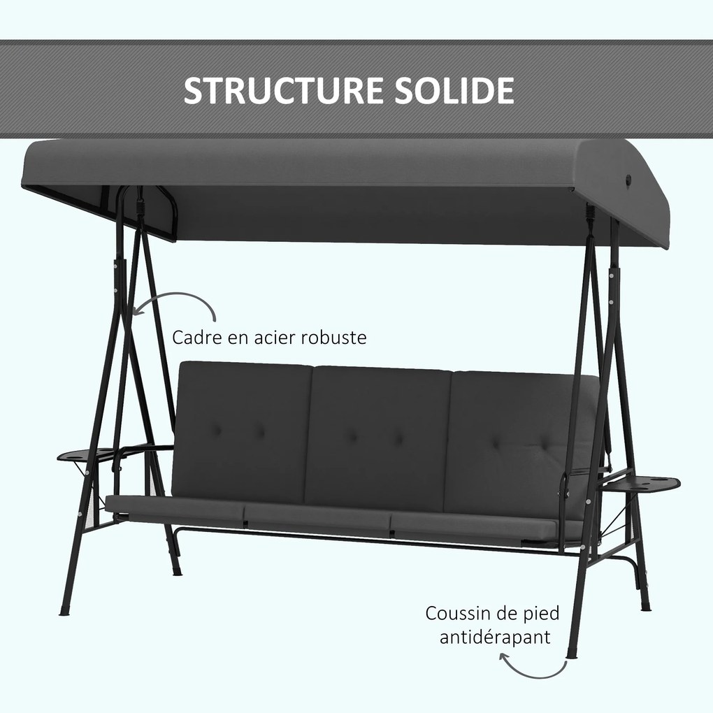 Outsunny Balansoar de grădină 3 locuri, confort sporit, acoperiș reglabil, 2 tăvi laterale, perne, oțel/poliester | Aosom Romania