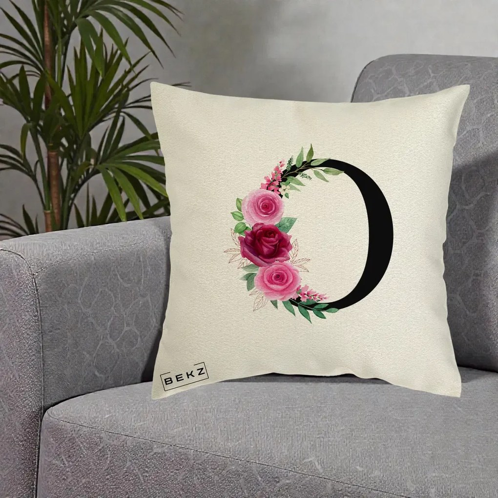Cadou Personalizat - Perna Personalizata Monograma Florala Litera O, 40x40 cm, Ecru, Husa Detasabila, Perna Inclusa, BEKZ®
