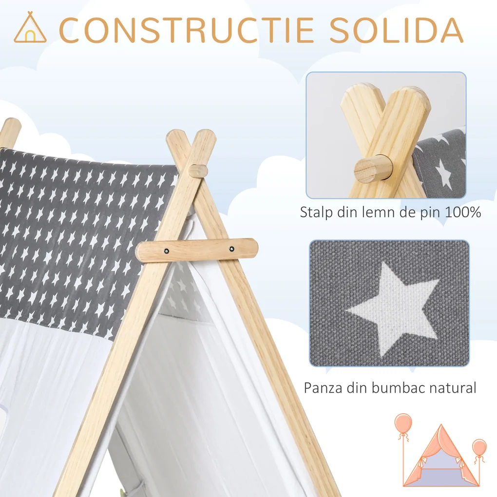 HOMCOM Cort Teepee Indian pentru Copii 3-6 Ani, Spațiu de Joacă Interior/Exterior cu Ușă și Fereastră, 130x111x136cm, Gri și Alb | Aosom Romania