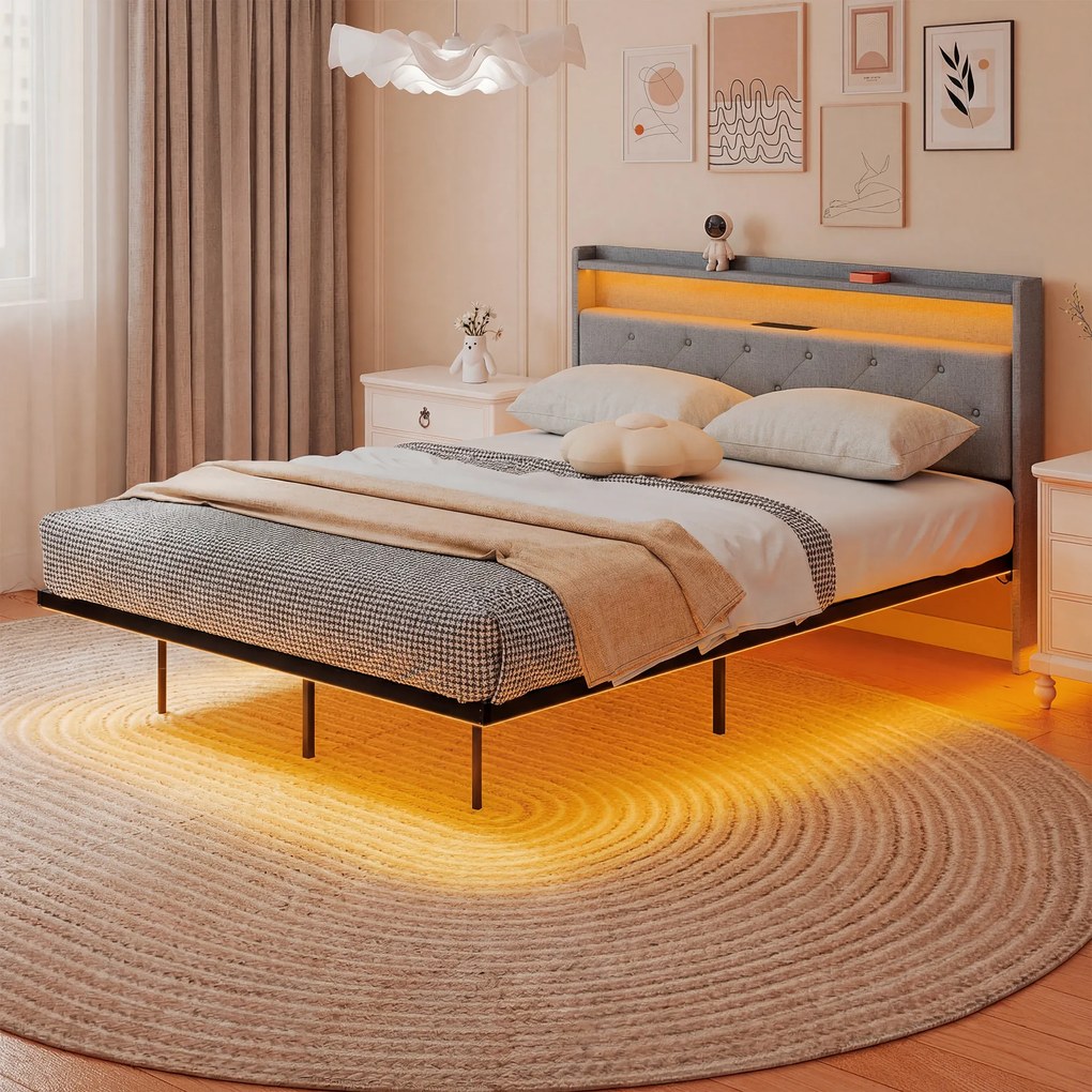 HOMCOM Cadru de pat 140 x 190 cm cu somieră din oțel, pat dublu plutitor cu lumini LED RGB și stație de încărcare, gri | Aosom Romania