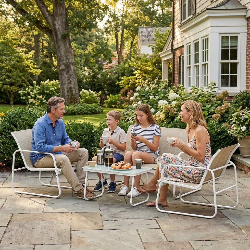 Outsunny Set Mobilier Grădină 4 Piese cu Canapea, Fotolii, Măsuță, Bej și Alb | Aosom Romania