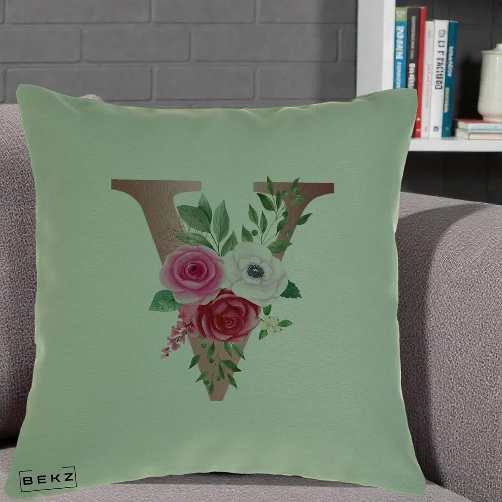 Cadou Personalizat - Perna Personalizata Monograma Rose Gold Litera V, 40x40 cm, Verde, Husa Detasabila, Perna Inclusa, BEKZ®