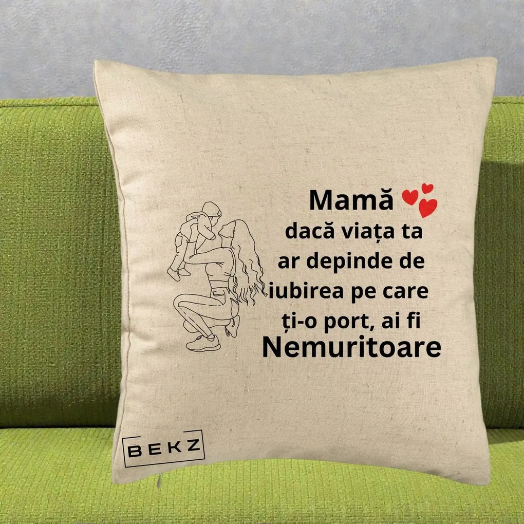 Cadou pentru Mama - Perna Personalizata Mama Nemuritoare Portret Graphic, 40x40 cm, Bej, Husa Detasabila, Perna Inclusa, BEKZ®
