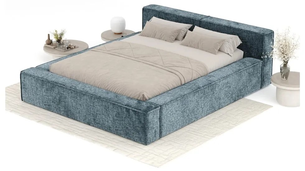 Pat matrimonial albastru prăfuit tapițat cu spațiu de depozitare cu somieră 200x200 cm Voliera – Maison de Rêve
