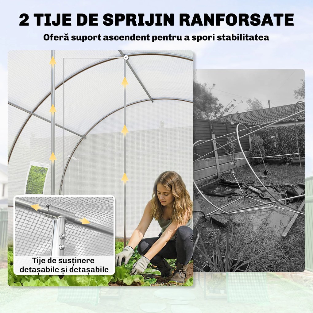 Outsunny Seră de Grădină Tip Tunel 4x3x2 m cu 2 Bare Detașabile, Uși Rulabile și Ferestre cu Plasă, Seră pentru Grădină de Legume și Flori, Structură din Oțel Zincat și Acoperire PE, Alb | Aosom Romania