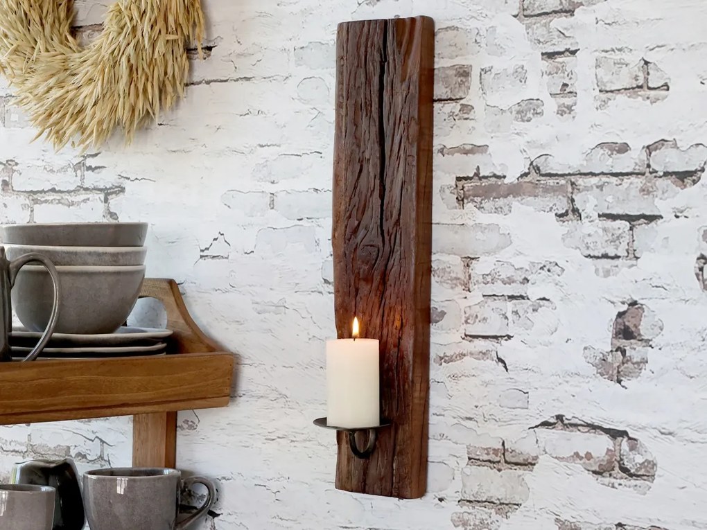 Aplica decorativă pentru lumânare, din lemn reciclat și suport metalic H43 cm, Grimaud