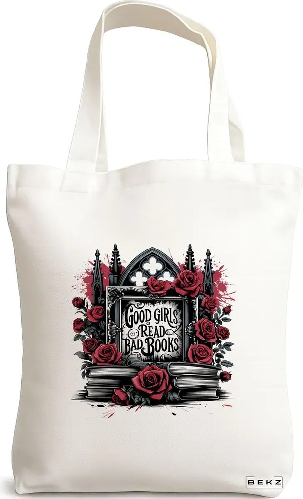 Sacosa de Panza pentru Cumparaturi, Geanta Tote, model Good Girls read bad books 38 x 34.5 cm, Alba, BEKZ®