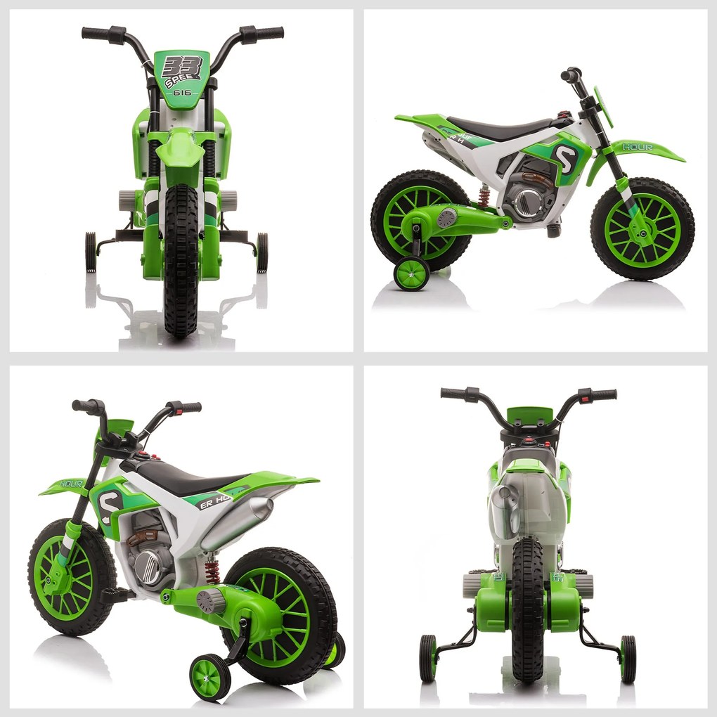 Motocicleta de Cros Electrica HOMCOM pentru Copii de 3-5 ani, Baterie 12V Reincarcabila 106,5x51,5x68cm, Verde | Aosom Romania