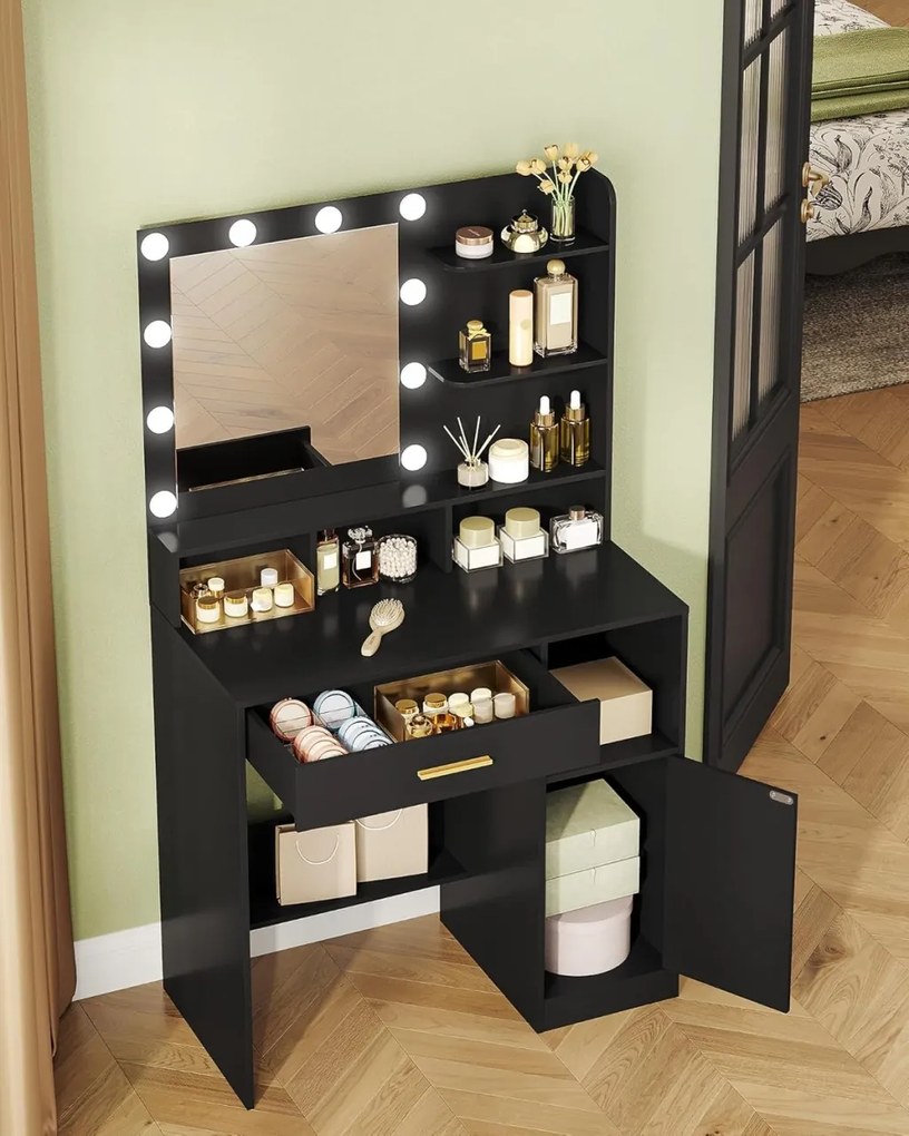SEG19 - Set Masa toaleta 80 cm, cosmetica, machiaj, oglinda cu LED, masuta vanity, make-up - Gri / Alb / Negru