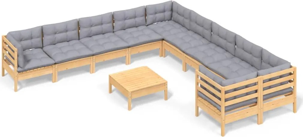 vidaXL Set mobilier grădină cu perne, 11 piese, gri, lemn de pin