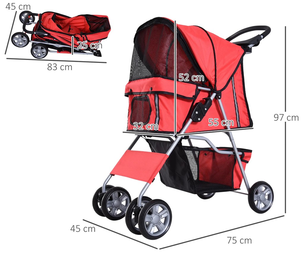 PawHut Cărucior pentru Câini de până la 10 kg, 75x45x97 cm, Roșu | Aosom Romania