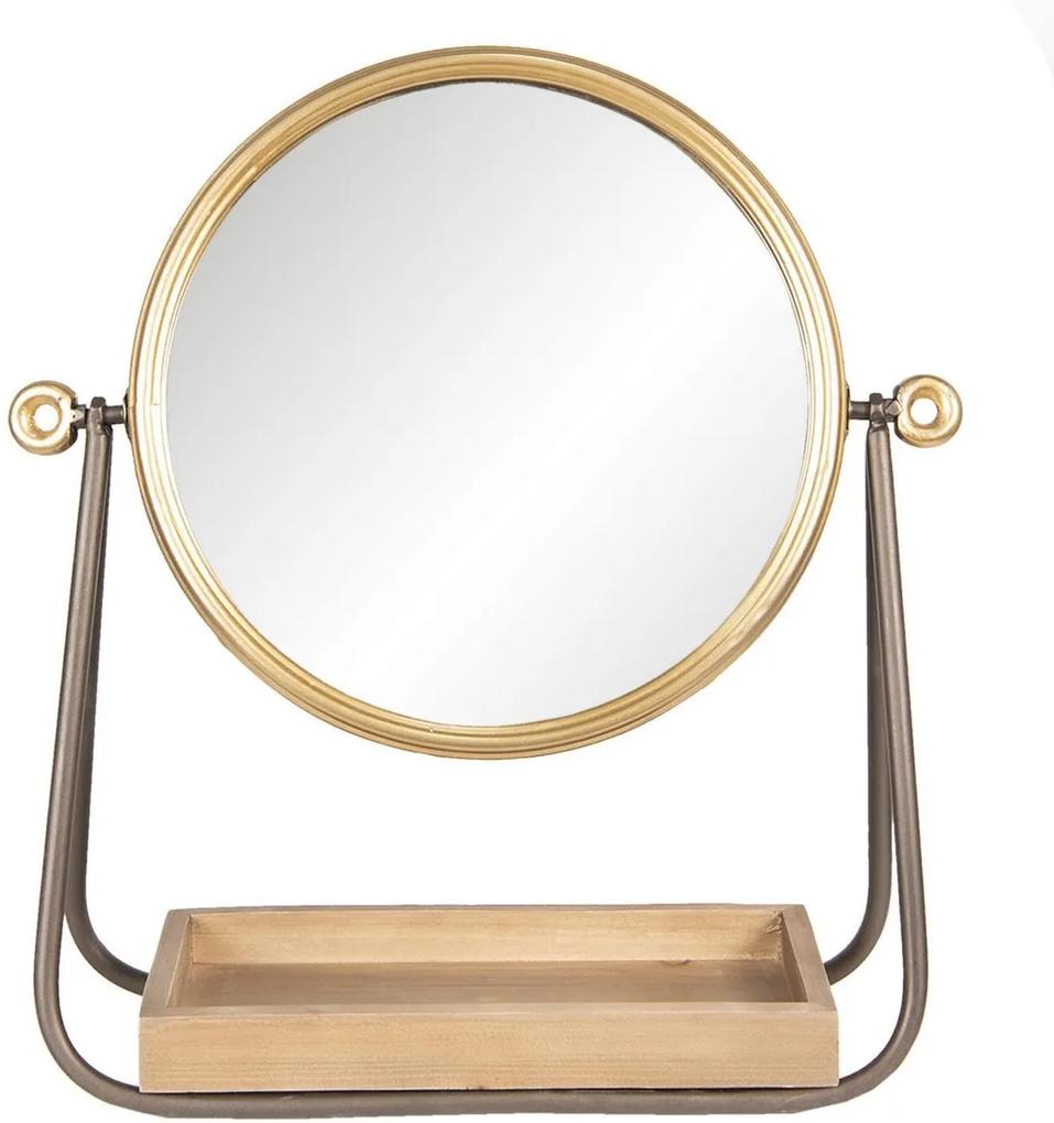 Oglinda de masa cu rama din metal auriu maro si tava din lemn natur 40 cm x 14 cm x 42 h
