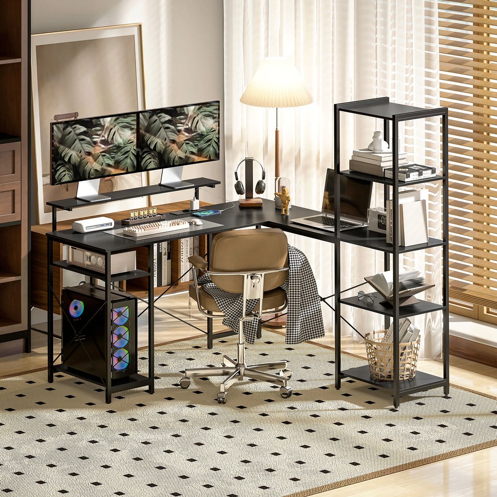 HOMCOM Birou de colț pentru computer cu prize electrice și suport dublu pentru monitor, 137x140 cm, negru | Aosom Romania