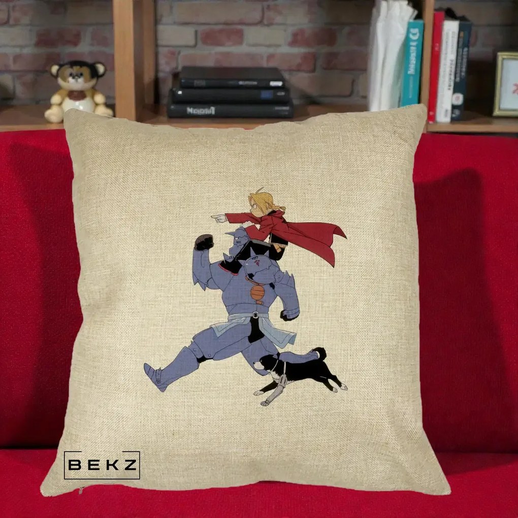Perna Personalizata Fullmetal Alchemist Edward si Alphonse, 40x40 cm, Crem, Husa Detasabila, Perna Inclusa, BEKZ®