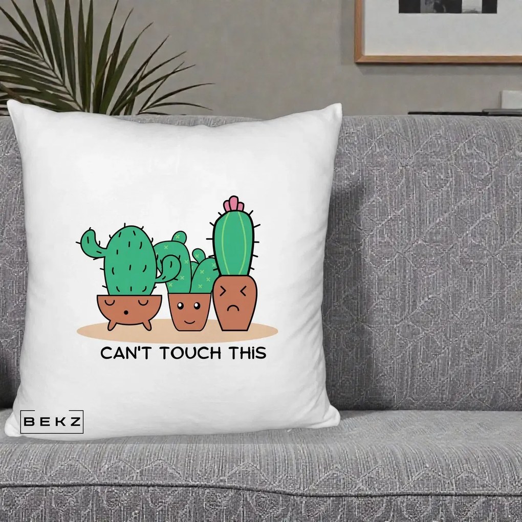 Perna Decorativa Cactus Funny Can't Touch This, 40x40 cm, Alb Pufos, Husa Detasabila, Perna Inclusa, BEKZ®