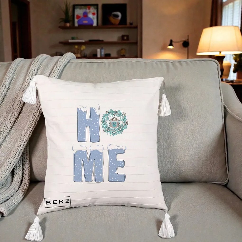 Perna Decorativa HOME Iarna cu Coroana, 40x40 cm, Bej cu Franjuri, Husa Detasabila, Perna Inclusa, BEKZ®