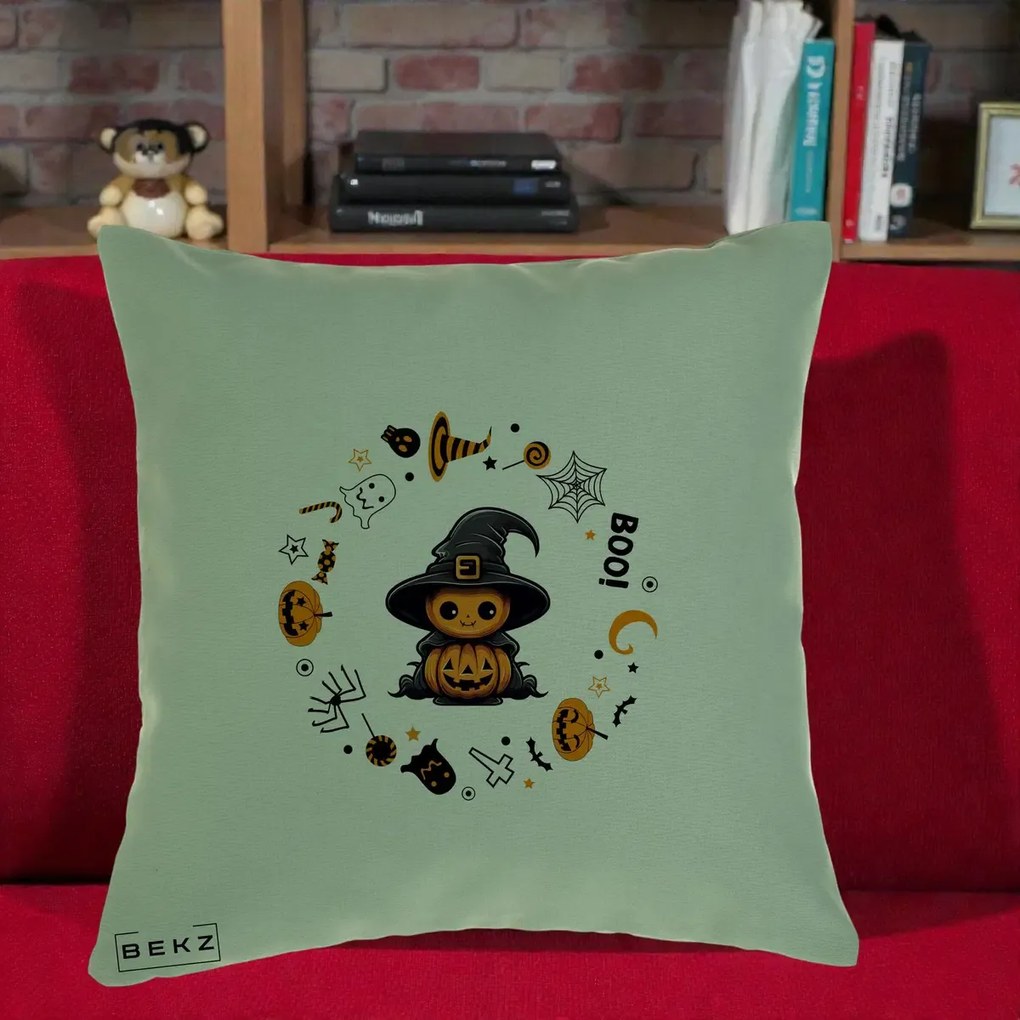 Perna Decorativa Halloween Dovleac Vrajitor Boo cu Simboluri, 40x40 cm, Verde, Husa Detasabila, Perna Inclusa, BEKZ®