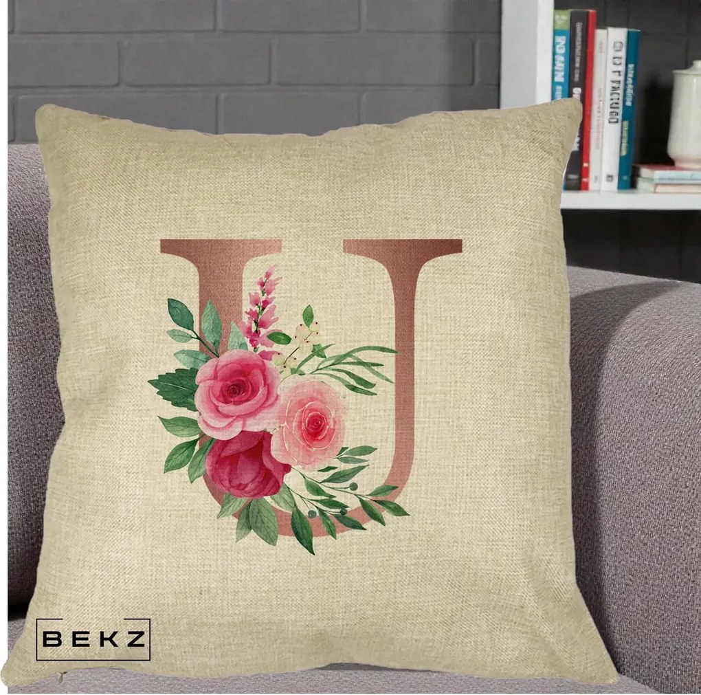 Cadou Personalizat - Perna Personalizata Monograma Rose Gold Litera U, 40x40 cm, Crem, Husa Detasabila, Perna Inclusa, BEKZ®