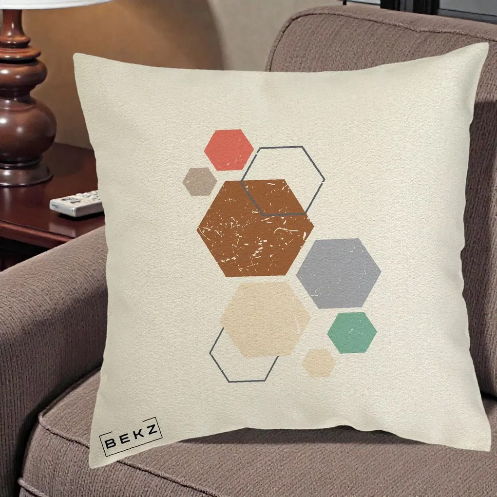 Perna decorativa boho Geometric Hexagoane Multicolor, 40x40 cm cu Umplutura, Ecru, BEKZ